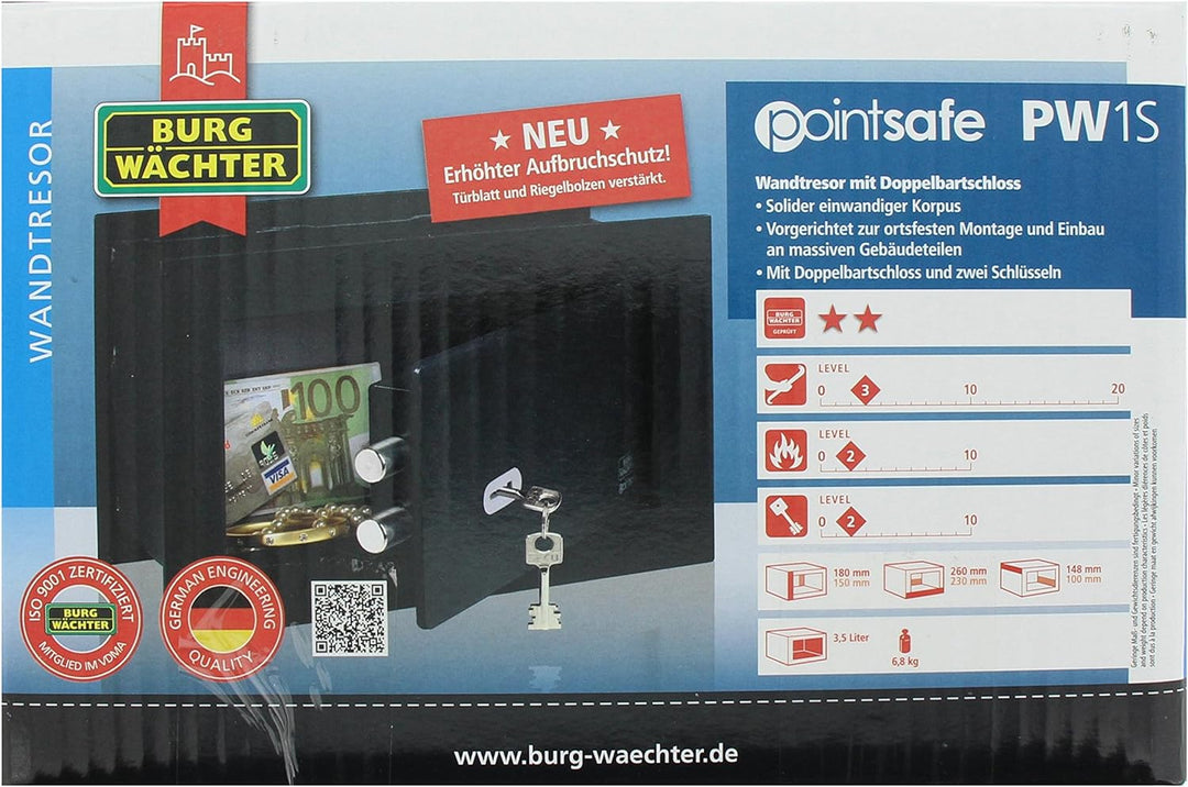BURG-WÄCHTER Wandtresor mit Schlüssel, zum Einmauern, 3,5 l, 6,6 kg, Point-Safe PW 1 S, Schwarz, Au&