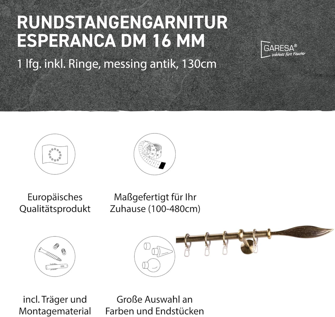 Garesa Gardinenstange Esperanca Ø 16mm, 1-läufig, Messing, antik I Rustikale Vorhangstange inkl. Rin