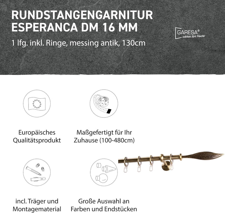 Garesa Gardinenstange Esperanca Ø 16mm, 1-läufig, Messing, antik I Rustikale Vorhangstange inkl. Rin