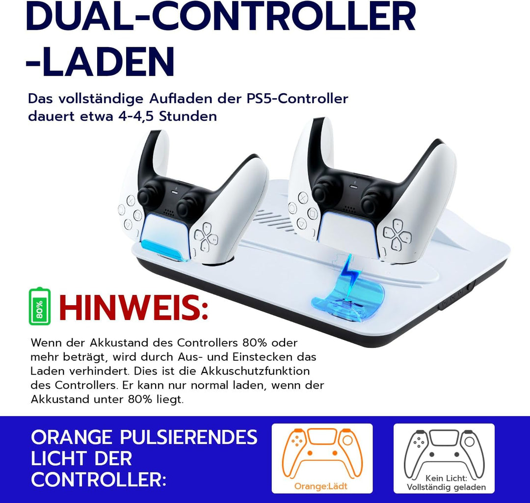 Wigearss PS5/PS5 Slim/PS5 Pro Kühler Standfuss mit Dual Controller Ladegerät, PS5 Controller Ladesta