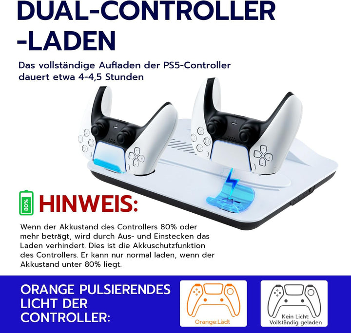 Wigearss PS5/PS5 Slim/PS5 Pro Kühler Standfuss mit Dual Controller Ladegerät, PS5 Controller Ladesta