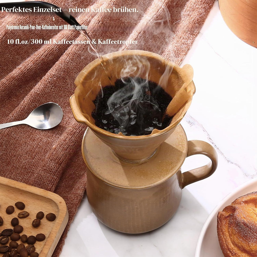 Polydremio Pour Over Kaffeebereiter – 300-ml-Tasse mit Tropfer und 100 kleinen Kegelfiltern, Braun