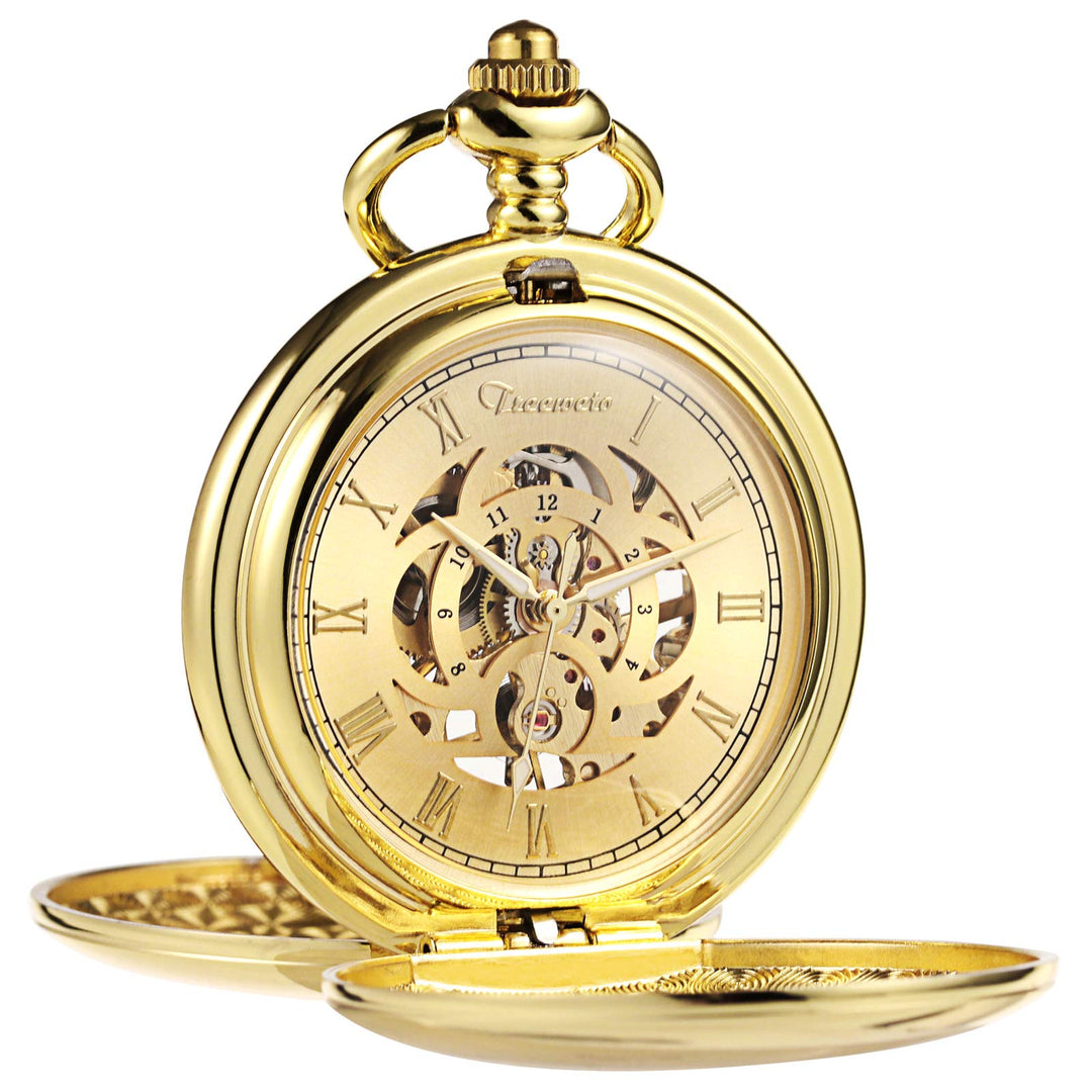 TREEWETO Taschenuhr Unisex Taschenuhr mit Kette Analog Mechanisch Handaufzug Doppelscharnier Antik R