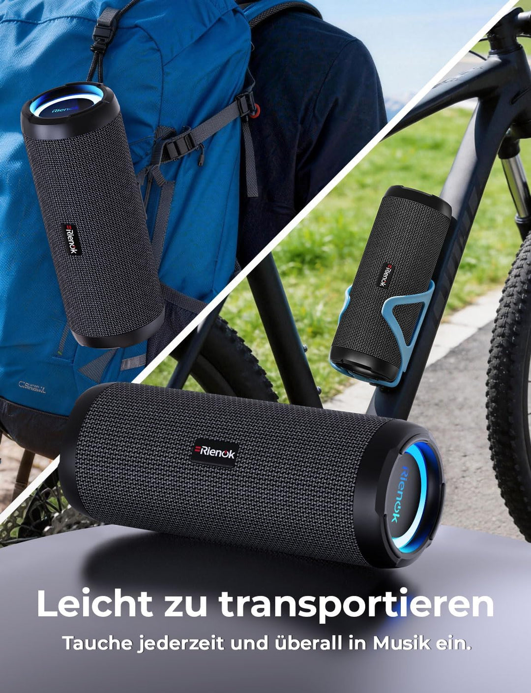 RIENOK Bluetooth Lautsprecher, Musikbox mit EQ 5.3 Bluetooth Box, IPX7 Lautsprecher RGB Licht Bass m