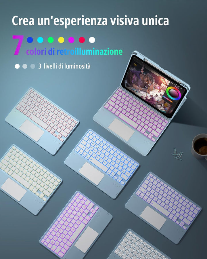 CACOE Hülle Tastatur Kompatibel mit iPad 10 10.9 Zoll 2022 A2757/A2777 mit Touchpad, 7-Farbige Beleu