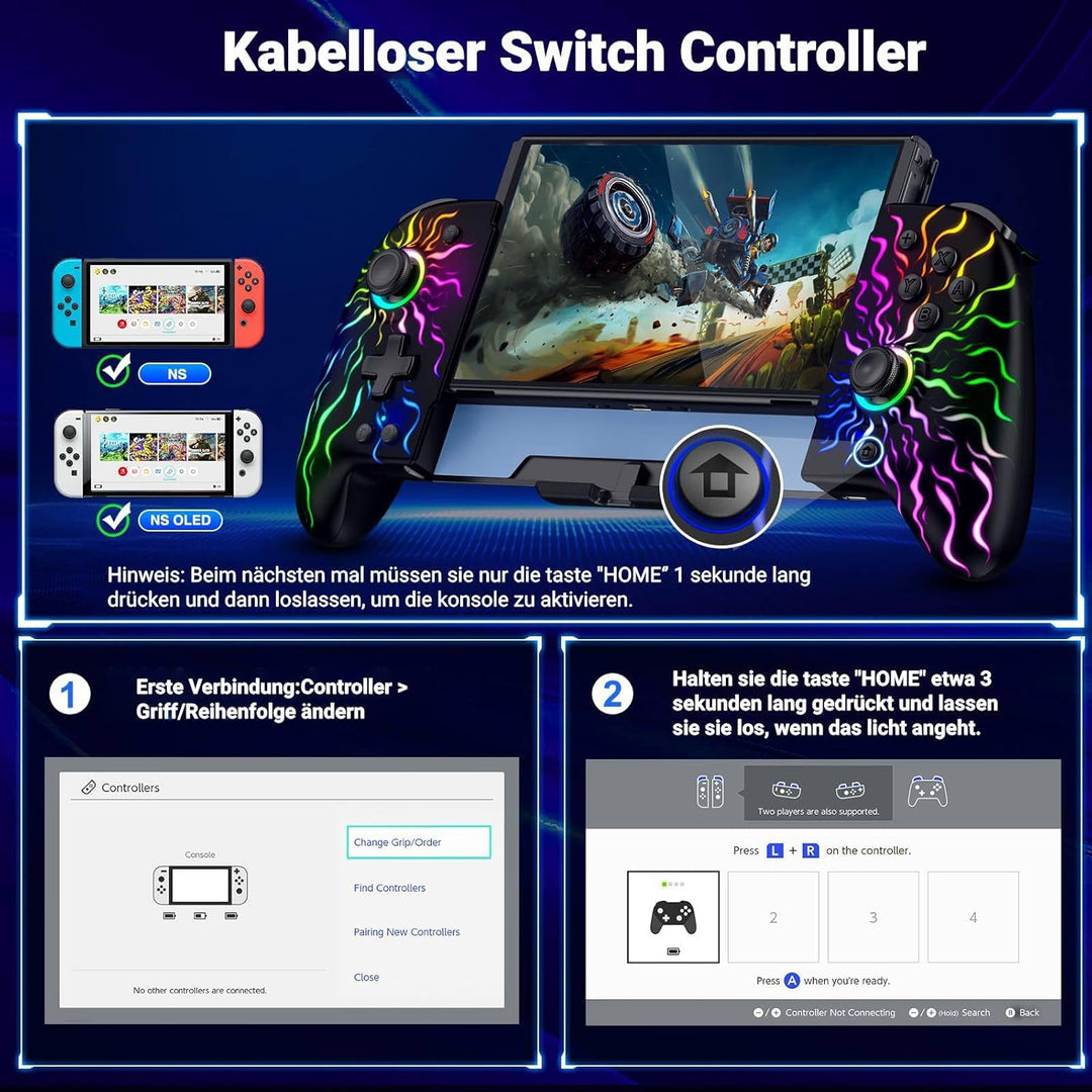 Leistungsstarker Bluetooth-Controller für Switch/Switch OLED, RGB Handheld Controller mit Makroprogr