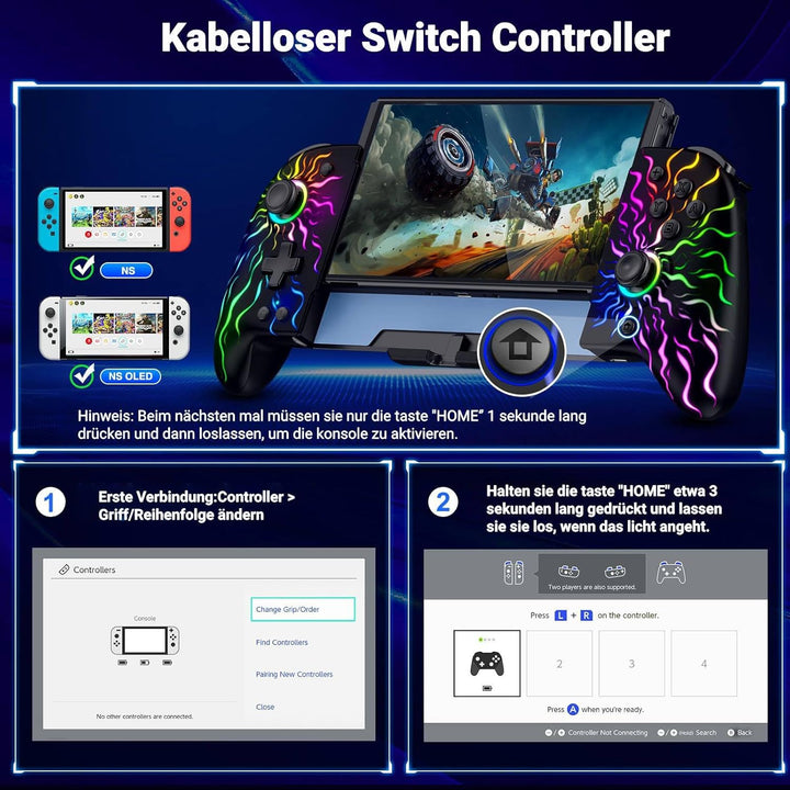 Leistungsstarker Bluetooth-Controller für Switch/Switch OLED, RGB Handheld Controller mit Makroprogr