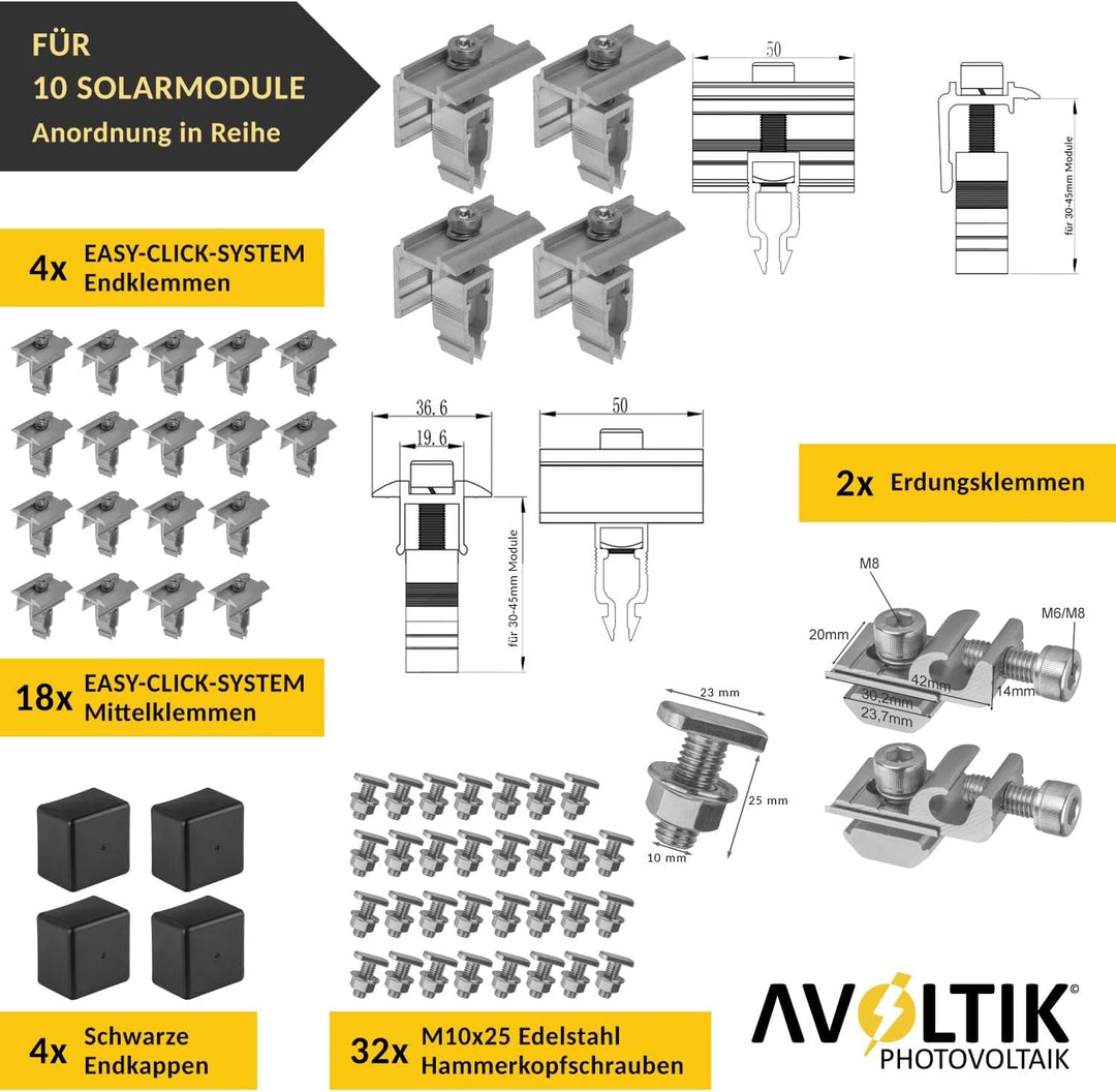Avoltik Solar Halterung Ziegeldach I Set für 10 PV Module 30-45mm I Solarmodul Halterung Balkonkraft