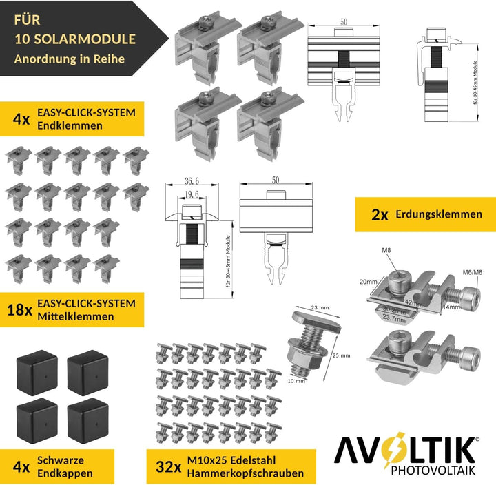 Avoltik Solar Halterung Ziegeldach I Set für 10 PV Module 30-45mm I Solarmodul Halterung Balkonkraft