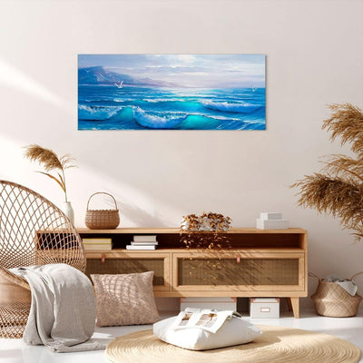 Wandbilder Dekoration Wohnzimmer Meer Welle Möwe Panorama Bilder auf Leinwand 120x50cm Leinwandbild