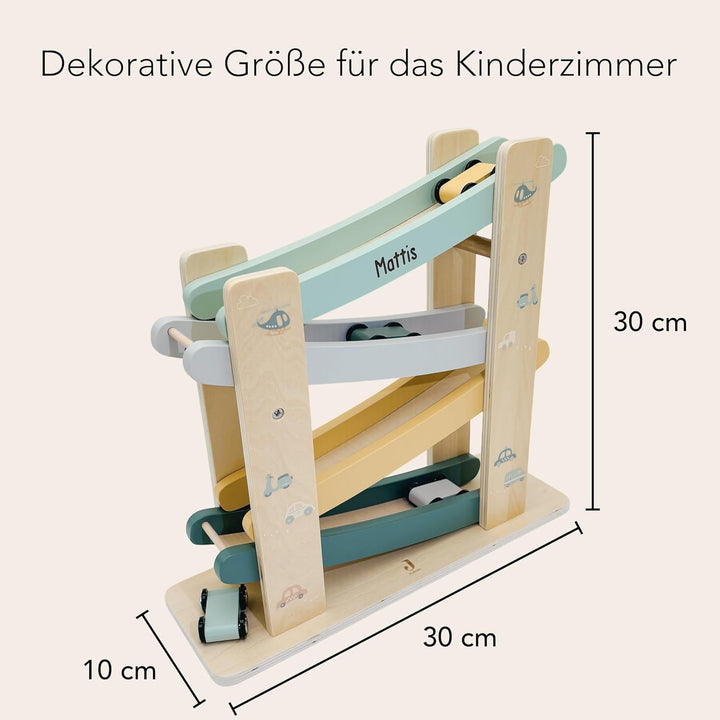 Kugelbahn Holz mit Autos personalisiert Holzspielzeug Baby Geschenk Babygeschenk Taufgeschenk für Mä