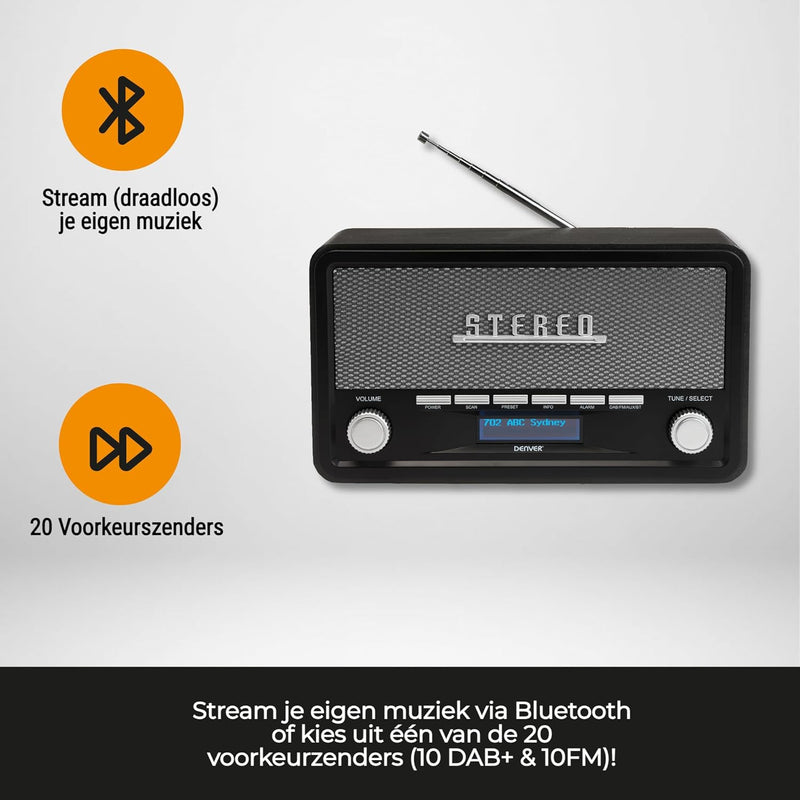 Denver DAB Radio DAB18, Radio mit Bluetooth, Retro Radio aus Holz, FM Radio, DAB, DAB+, AUX, Batteri