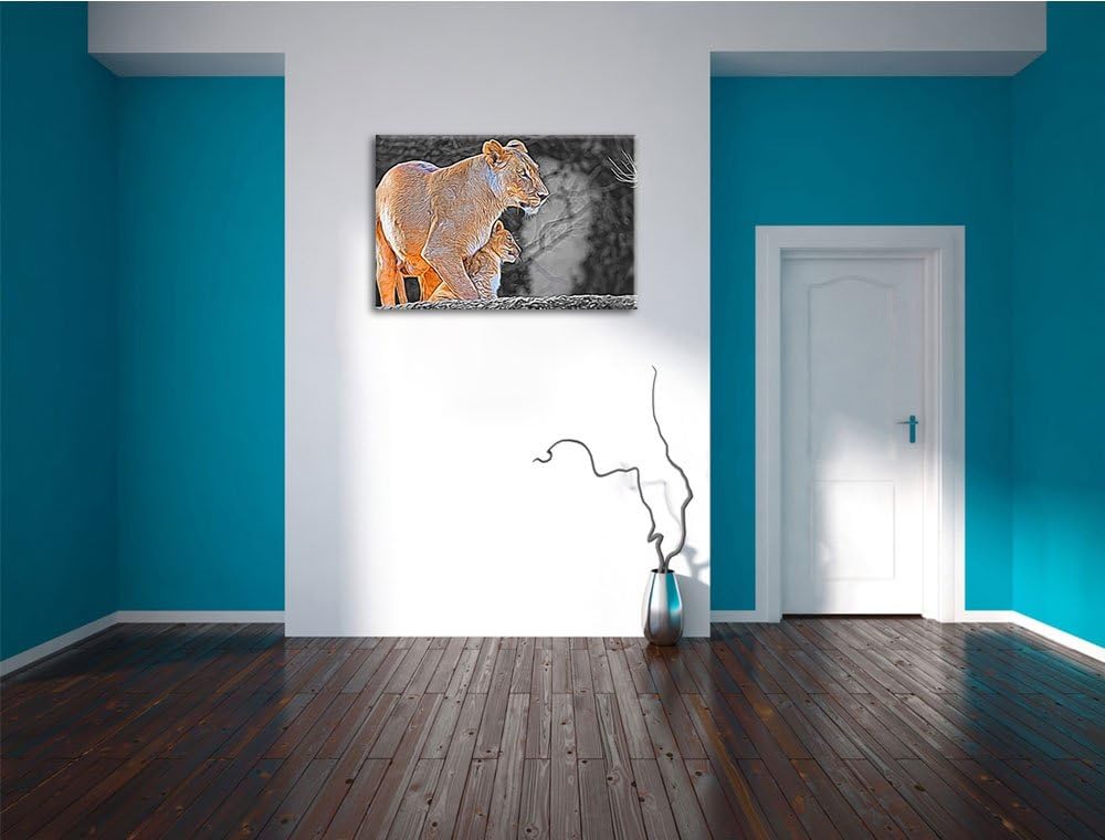liebevolle Löwenmutter mit Jungtier schwarz/weiss Deluxe Format: 100x70 cm auf Leinwand, XXL riesige