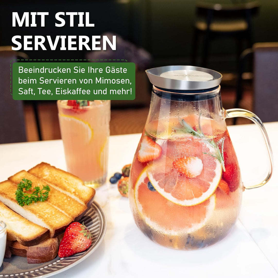 SUSTEAS 2 Liter 70 Unzen Glas Karaffe Krug mit Deckel und Auslauf, Wasserkaraffe, Eistee Krug, Saft