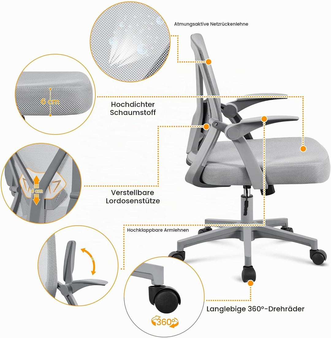 Yaheetech Bürostuhl ergonomisch, Schreibtischstuhl aus Mesh mit Hochklappbaren Armlehnen, Drehstuhl