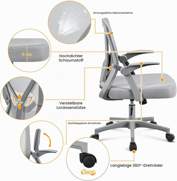 Yaheetech Bürostuhl ergonomisch, Schreibtischstuhl aus Mesh mit Hochklappbaren Armlehnen, Drehstuhl