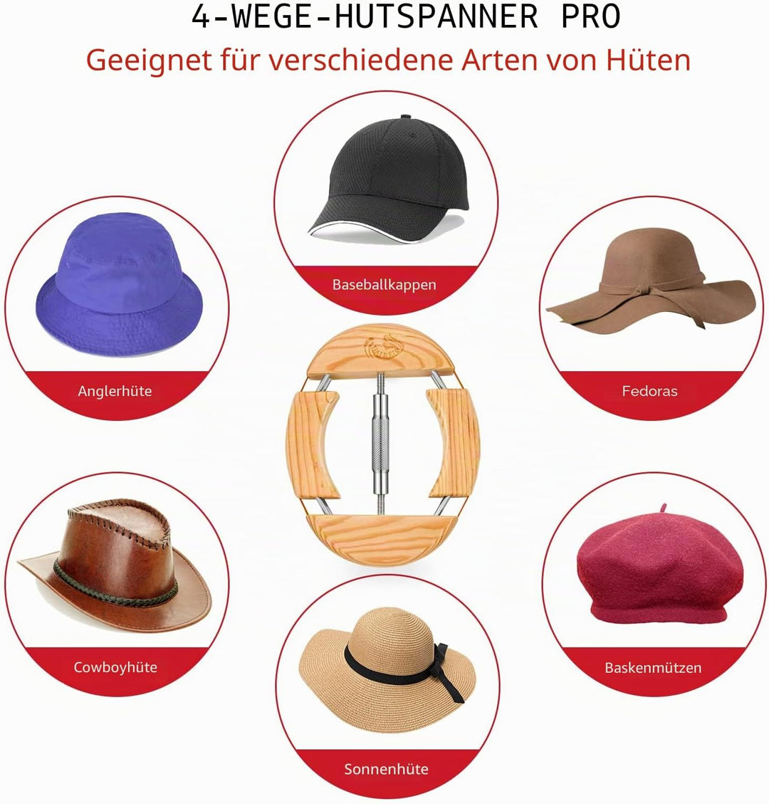 HAIBEIR 4-Wege-Hutspanner aus Holz,für Erwachsene, Einheitsgrösse von 7-1/2 bis 9-1/2, einfach und e