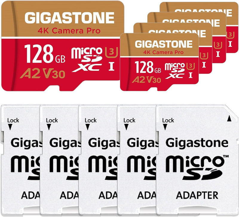 [5 Jahre kostenlose Datenwiederherstellung] GIGASTONE 128GB 5er-Pack Micro SD Karte, 4K Kamera Pro M