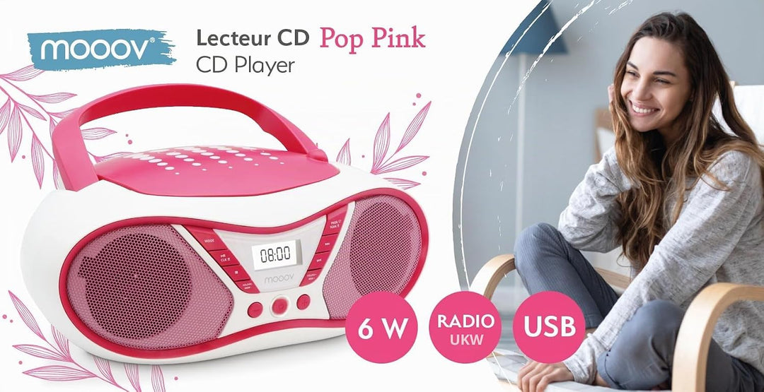 MOOOV 477410 Tragbarer CD-Player mit Radio, USB, Lautsprecher - Mini Kofferradio für Kinder &amp; Senior