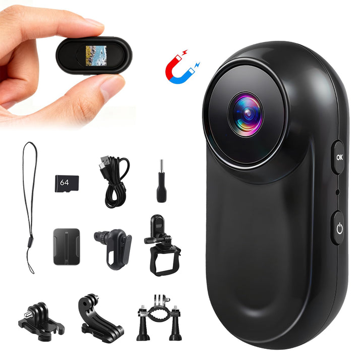 Mini Action Cam mit 64G Speicherkarte, 1080P HD und 130° Weitwinkel, Tragbare Kabellose Magnet Actio