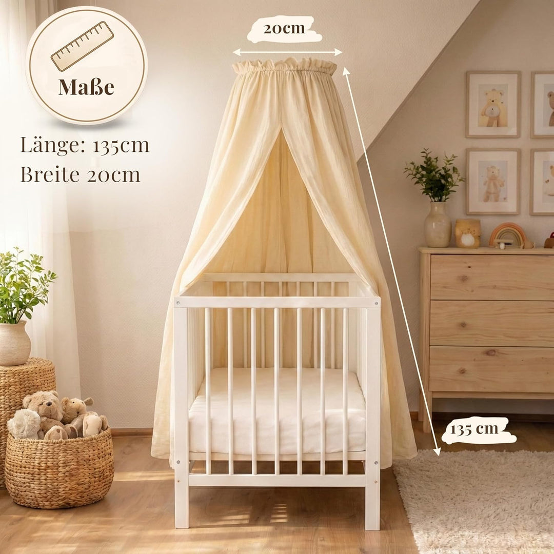 Betthimmel Babybett Set - Musselin Stoff mit montierter Himmelstange - Baldachin für Babybett zum An