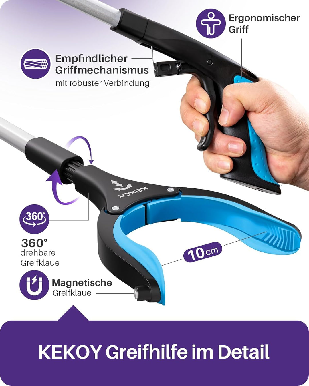 Kekoy Greifzange für Senioren 111cm Aluminium Müllzange, Faltbare Greifer für Senioren, Drehbar Müll