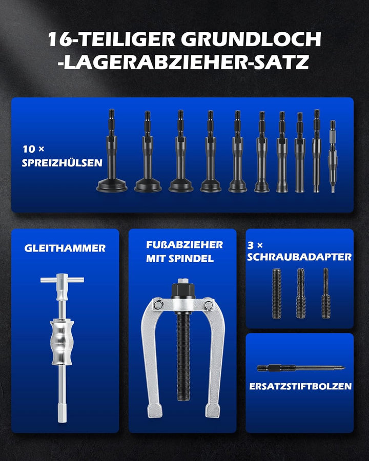 Orion Motor Tech 16 TLG Innenlager Abzieher Grundloch Lagerabzieher Werkzeug mit Gleithammer Satz Ro