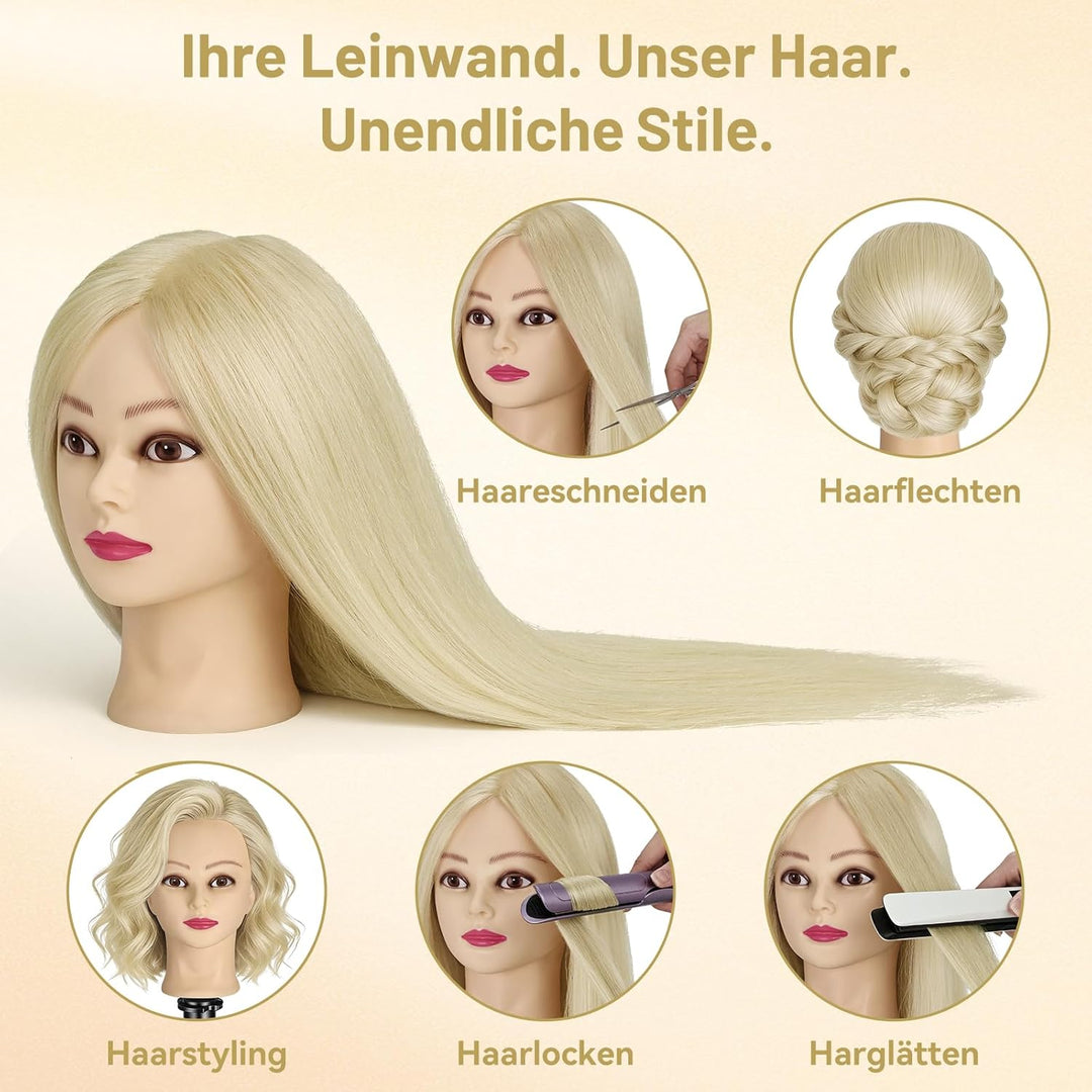 TwoWin Frisierkopf 80% Echthaar, Übungskopf 24 Zoll /60cm Friseurkopf, Trainingskopf für Friseure fü