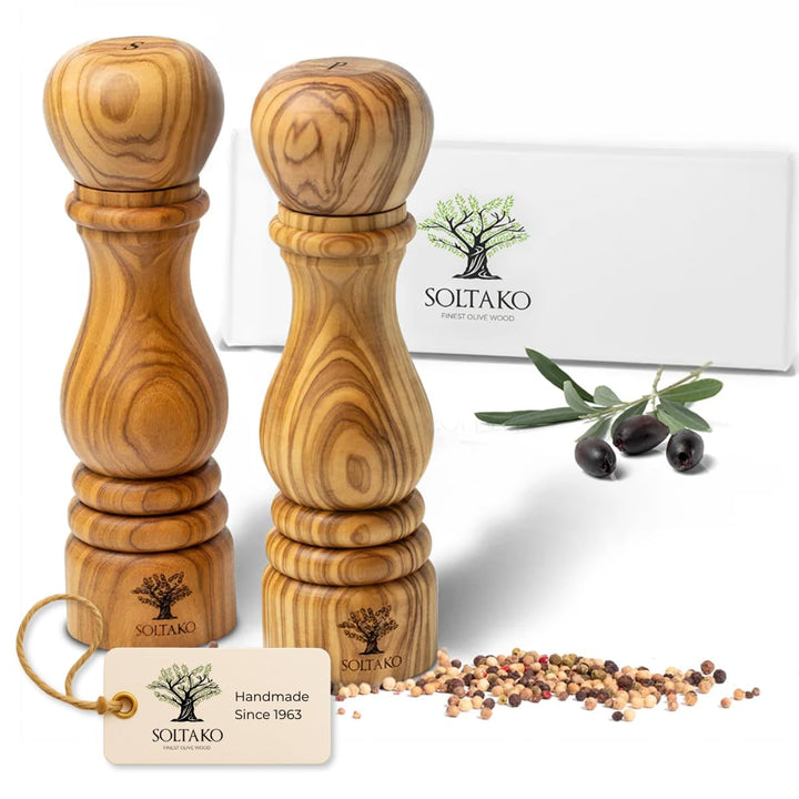 SOLTAKO Olivenholz Salz- und Pfeffermühlen 2er Set "Fleur De Sel", Pfeffer und Salzmühle aus Oliven