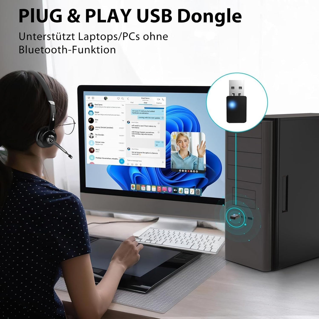 Earbay Headset mit Mikrofon Bluetooth, Kabelloses Headset mit Rauschunterdrückung, inklusive USB-Don