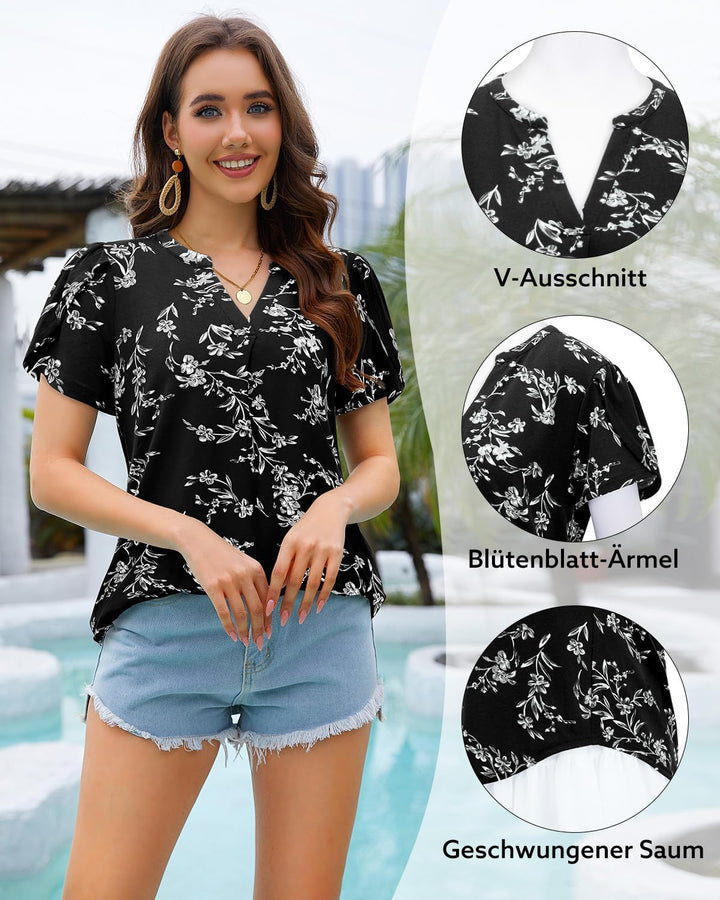 Siddhe Damen Bluse Kurzarm T-Shirts V-Ausschnitt Elegant Lässig Tunika Oberteil Locker Longshirt M B