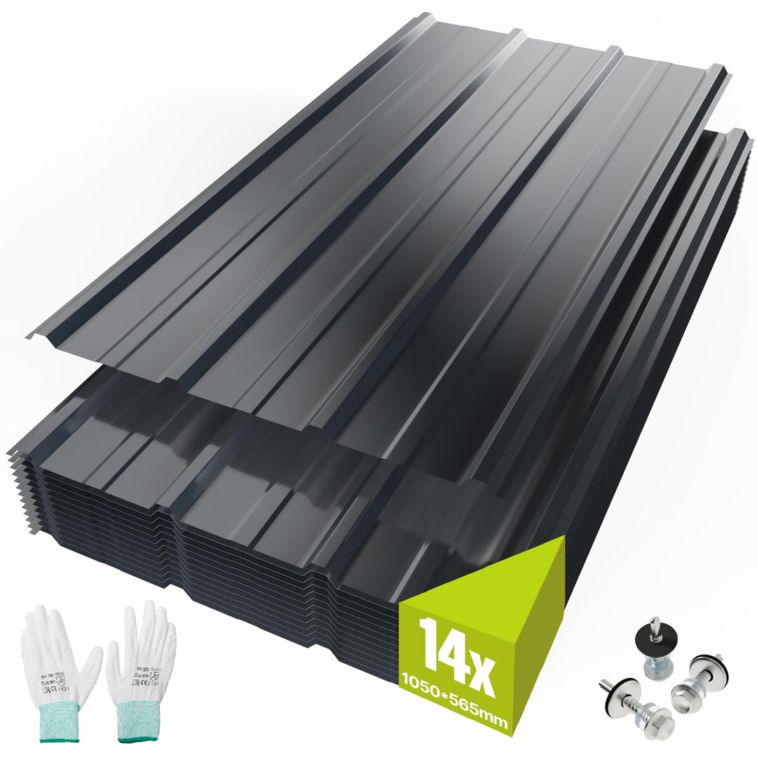 Mondeer 14x Trapezbleche, 105cm x 56cm = 8 m² Dachblech Metall, Dachplatten Verzinkter Stahl 0.25mm,