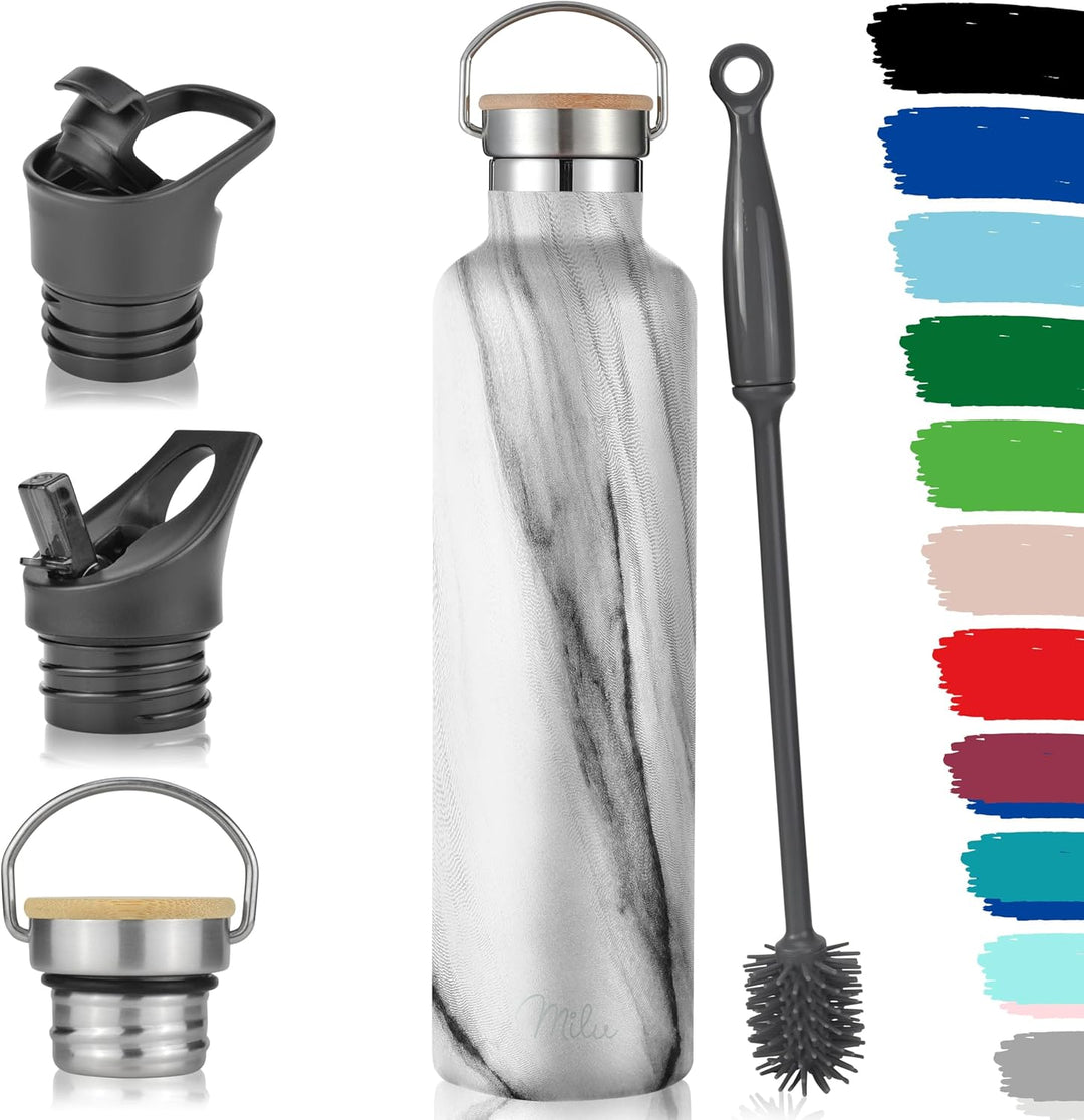 Milu Edelstahl Trinkflasche 500ml, 750ml, 1000ml (+3 Deckel) - Thermosflasche mit Strohhalm, Isolier
