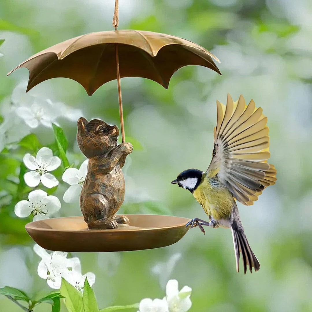 Tier Vogelhäuschen Mit Regenschirm | Hübsches Metall Eichhörnchen Hält Vogelfutterstelle,Ganzjahres