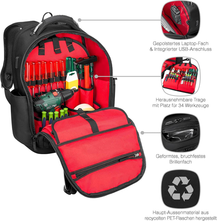 WENGER Tool Backpack Pro Werkzeugrucksack mit 17 Zoll Laptopfach, Arbeitsrucksack für Handwerker, He