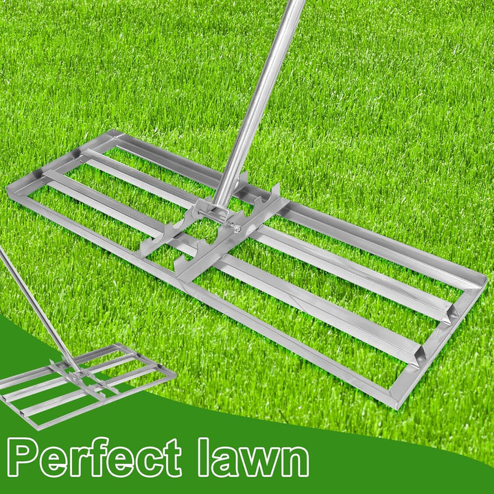Rasenrakel 75x25cm Rasen Rakel, Garten Rasenrakel Edelstahl mit 2m Stiel, Nivellierrechen Müheloses