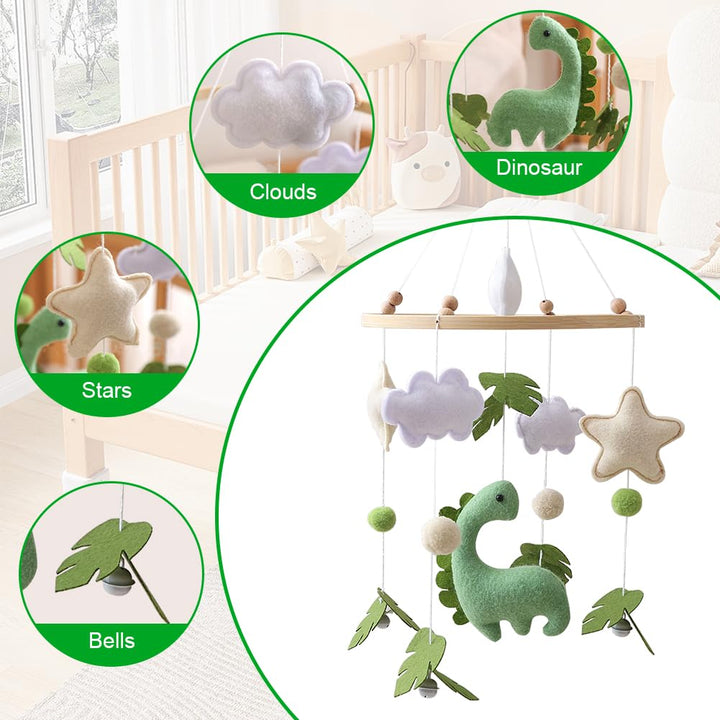 Mobile Baby Windspiele, Mobile Babybett, mit Dinosaurier, Sterne, Wolken, Blätter aus Filz, Holz Hän