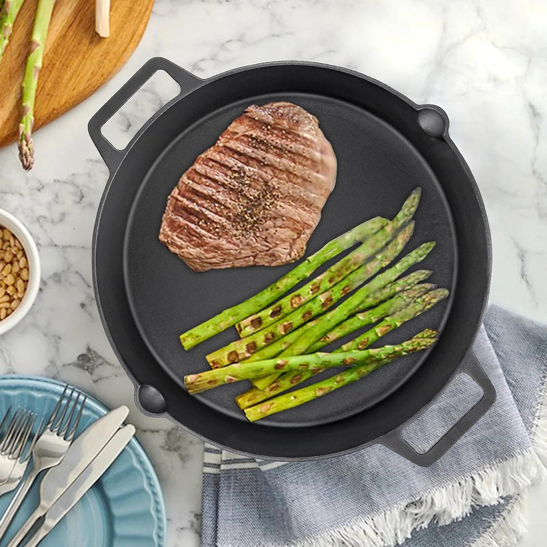 Denmay Ø 40cm Universal Gusseisen Grillpfanne, gross rund Gusspfanne mit zwei Griffe und zwei Ausgie