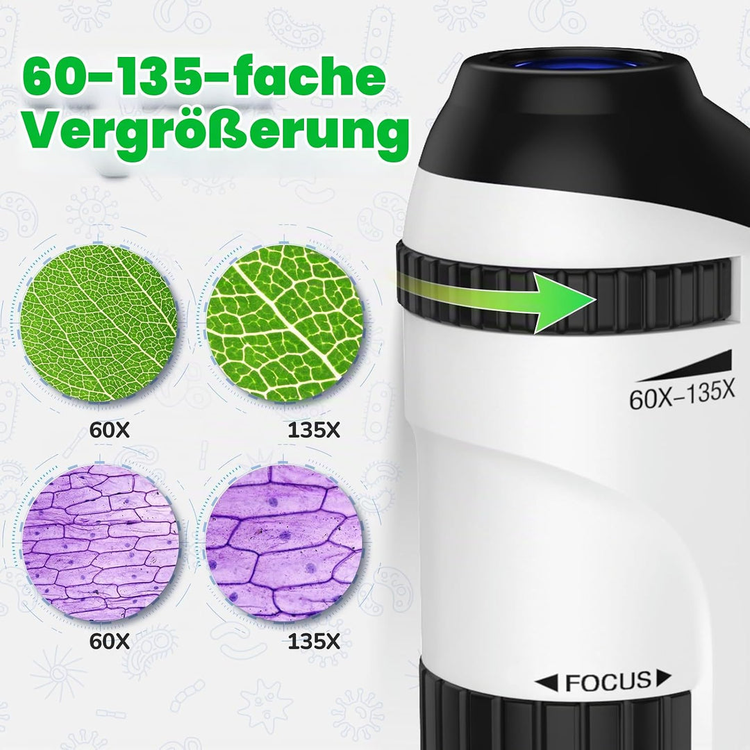 Mini Mikroskop für Kinder mit Objektträger Set: 60x-135x LED Taschenmikroskop Tragbares Handmikrosko