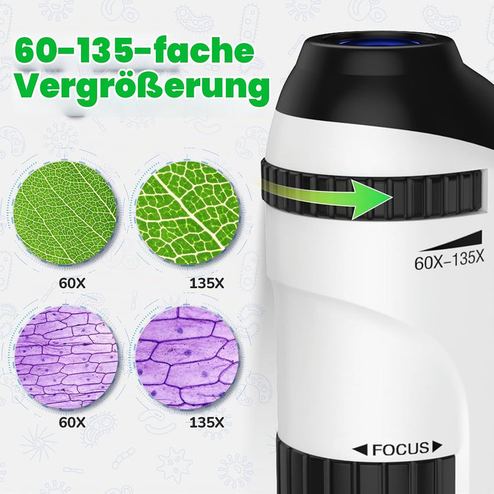 Mini Mikroskop für Kinder mit Objektträger Set: 60x-135x LED Taschenmikroskop Tragbares Handmikrosko