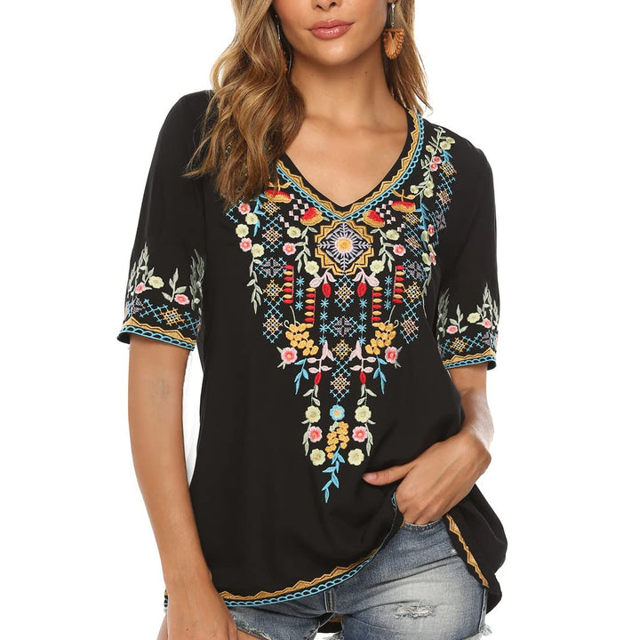Seasonal Tunika Damen Sommer Boho Folklore Bluse mit Stickerei Oberteil Hippie Trachten Kurzarm Klei