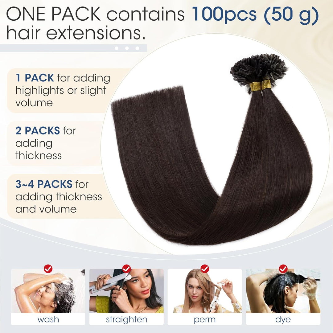 Elailite Bondings Extensions Echthaar #2 Dunkelbraun, 50g 60cm U Tip Hair Extensions Keratin 100 Str