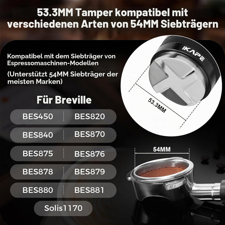 IKAPE Coffee Products, 53mm Kaffeeverteiler &amp; Handstampfer, Espresso-Verteiler mit Einstellbarer Tie