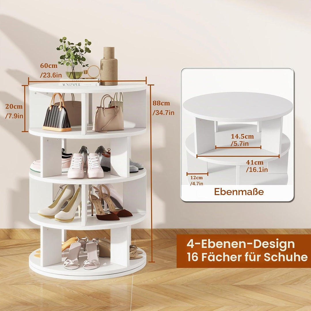 IBUYKE Drehbares Schuhregal mit 4 Etagen, 360° Drehbarer Schuhschrank für 16 Paar Schuhe, Vertikaler