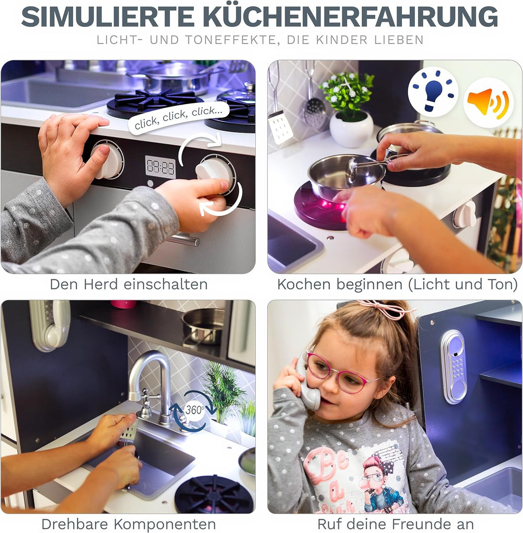 Green series Grosse Spielküche Holz - Graue Kinderküche Holz, Kinder küche mit Licht und Sound, Spie