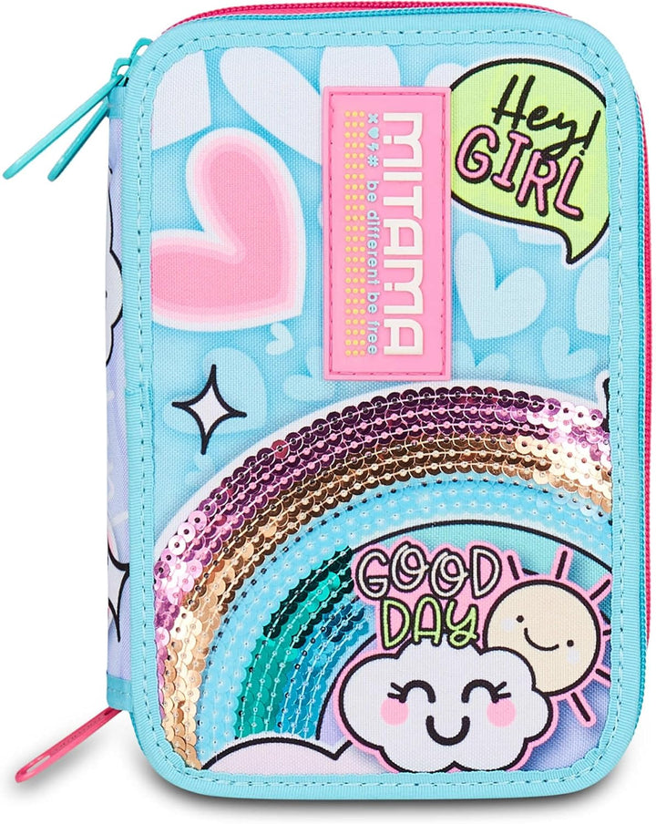Mitama Federmäppchen für die Schule mit 3 Fächern, Super Triple Rainbow Love, Inhalt 47 Stück, kompl