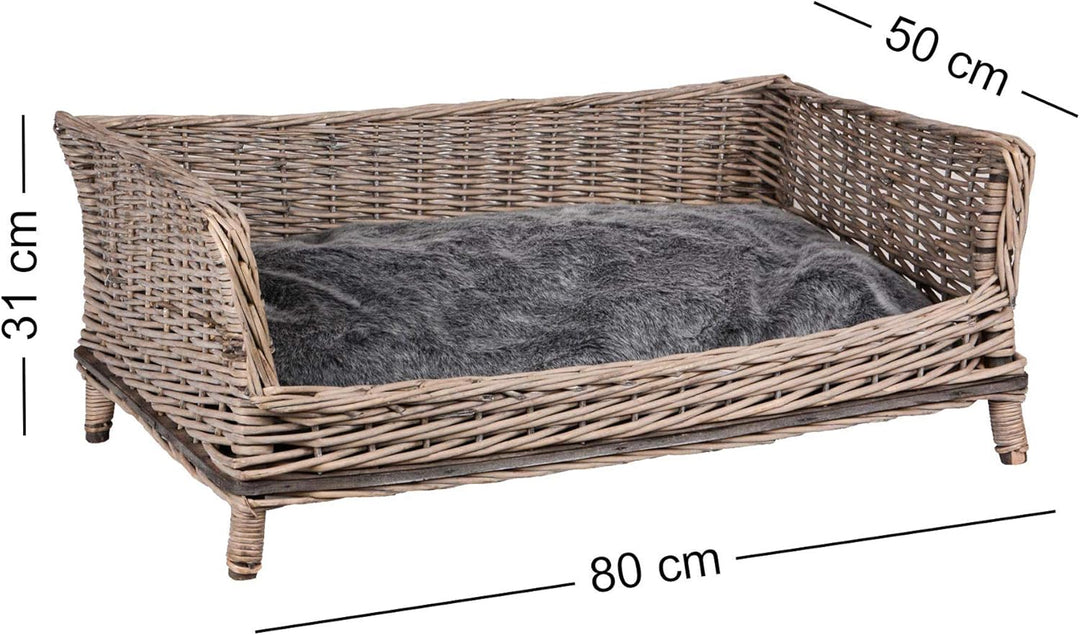 UNUS RM E-Commerce Hundebett Hundekorb Hundekörbchen aus Weide eckig mit Kissen grau für grosse und