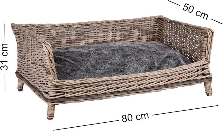 UNUS RM E-Commerce Hundebett Hundekorb Hundekörbchen aus Weide eckig mit Kissen grau für grosse und
