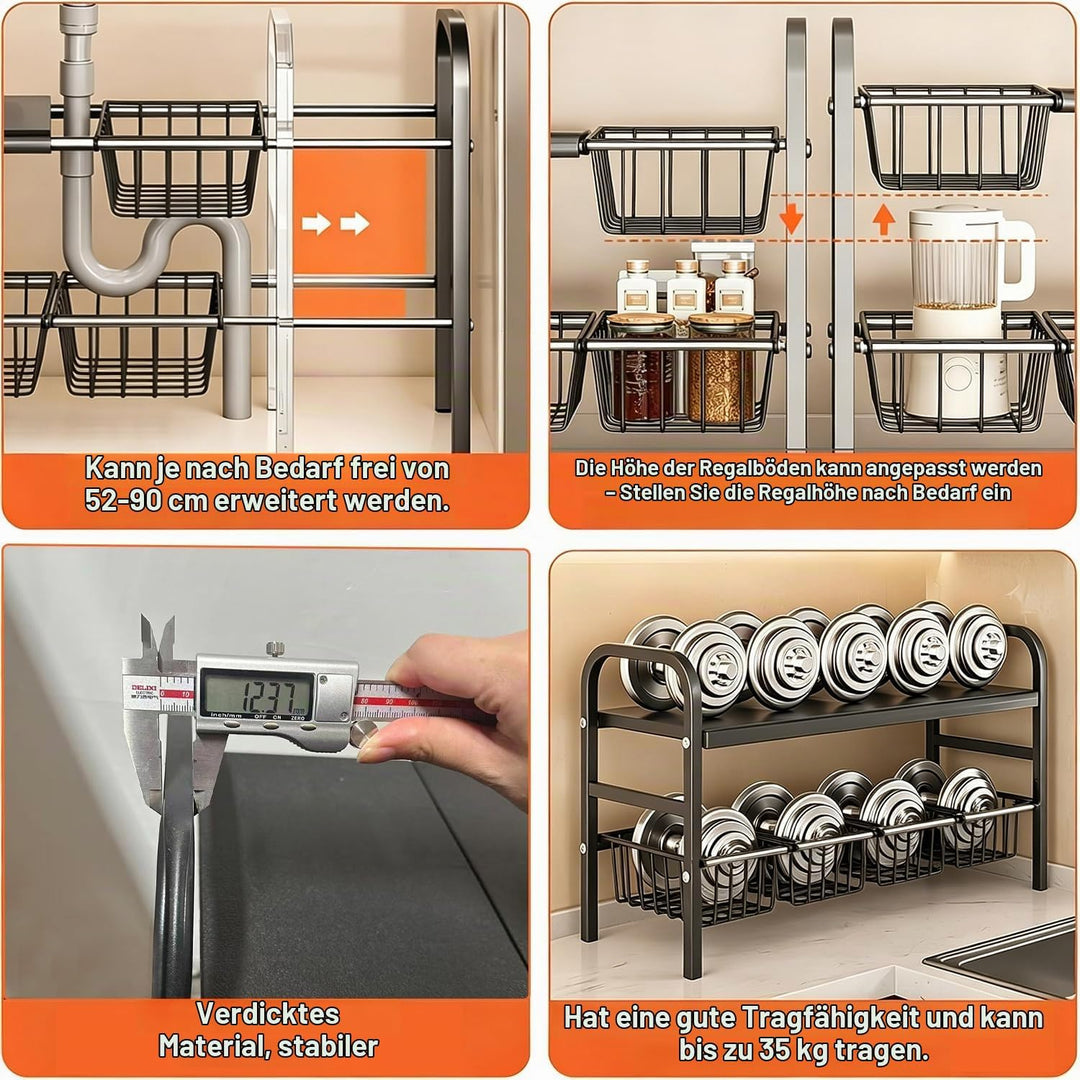 devesanter 2-stöckig Unter-Spülschrank Organizer,verstellbar 52–90 cm,4 herausnehmbare Körbe &amp; 4 abn