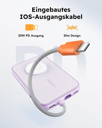 VEGER Mini Power Bank 20W PD, 5000mAh Powerbank mit Eingebautem Apple Kabel, mit Apple Watch Laden,